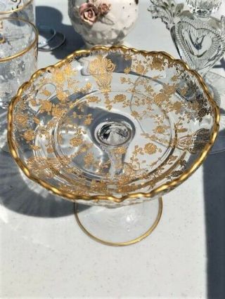 HTF Antique Cambridge Crystal Rose Point Gold Encrusted Compote Candy 6 