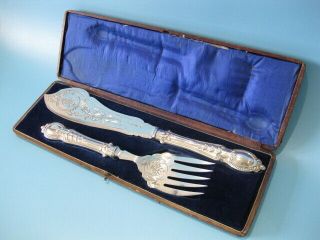 Large Antique Silver Plated Ornate Baroque Fish Cutlery Serving Set