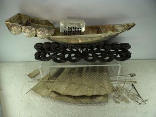 Large Antique Chinese White Metal Junk Boat On Carved Wood Base
