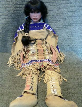 Vintage 23 " Native American Indian Girl Doll With Leather & Beaded Dress & Mocs