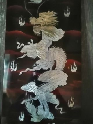 Oriental/chinese Lacquered Wall Panel Mother Of Pearl Inlay Dragon
