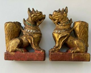 Pair Antique Chinese Burmese Red & Gold Gilt Carved Wood Guardian Lion Foo Dogs