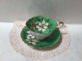 Vtg Paragon Double Warrant Rare Footed Teacup/saucer Green/orchids/gold