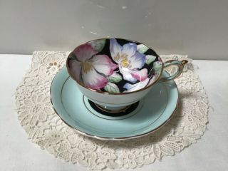 Vtg Paragon 2 Warrants Rare Footed Teacup/saucer Floral Black/pink/purple/gold