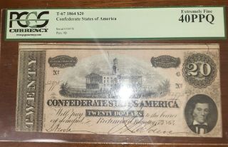T - 67 1864 Confederate Currency 20$ Graded Pcgs Extremely Fine 40ppq Rare