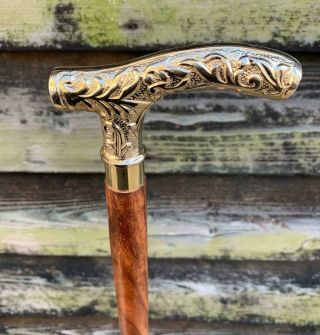 Victorian Style Walking Stick Curved Handle On Brown Solid Wood Shaft 37 Inches✅