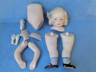 Antique German All Bisque Doll Repair Girl Blue Hair Bow 653/4