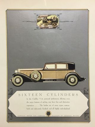 1930 Auto Cadillac V16 Cylinder Engine Car Art Deco Design Vintage Ad Rare
