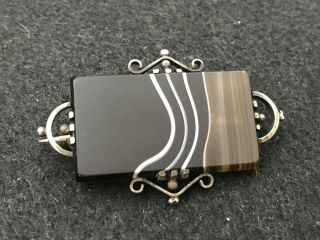 Antique Victorian Banded Agate Brooch With Ornate Silver Mount
