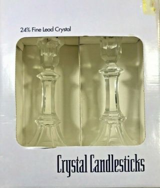 Rare Vintage 24 Lead Fine Crystal Candlestick Holders Pair 8” St.  George Crystal