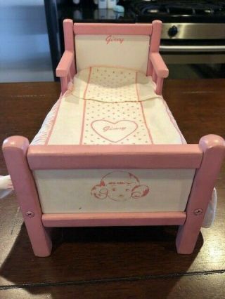 Vintage Ginny Pink Wood Doll Bed With Linens 1950