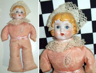 9 " Antique Pin Cushion Doll With Ceramic Porcelain Shoulderhead From Japan