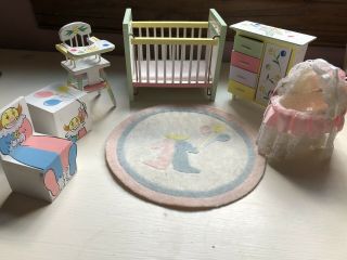 Vintage Dollhouse Baby Room Furniture Set Crib Highchair Hand Painted 2