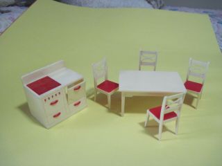 Vintage Renwal Dollhouse Furniture - Table,  Stove,  4 Chairs - Red And White Colors