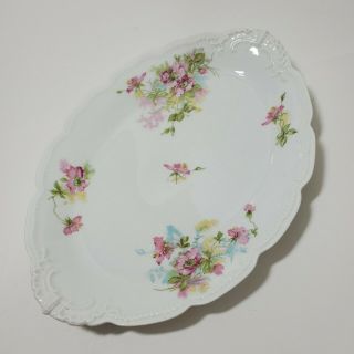 O&eg Royal Austria Porcelain Oval Platter Antique China Roses Pink Green 131/2 "