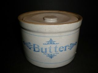 Antique Stoneware Butter Crock With Lid,  Blue Markings,