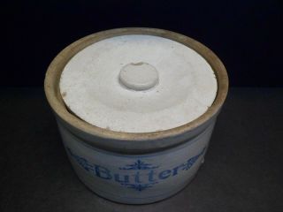 Antique Stoneware Butter Crock with Lid,  Blue Markings, 3