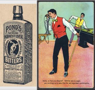 Antique Billiard Ponds Bitters Bottle Pool Hall Telephone Advertising Trade Card