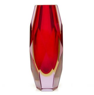 X Rare 20cm Murano Sommerso Alexandrite Art Glass Space Age Block Vase & Label