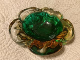 Vintage Murano Italy Art Glass Ash Tray Bowl Green Yellow Rare