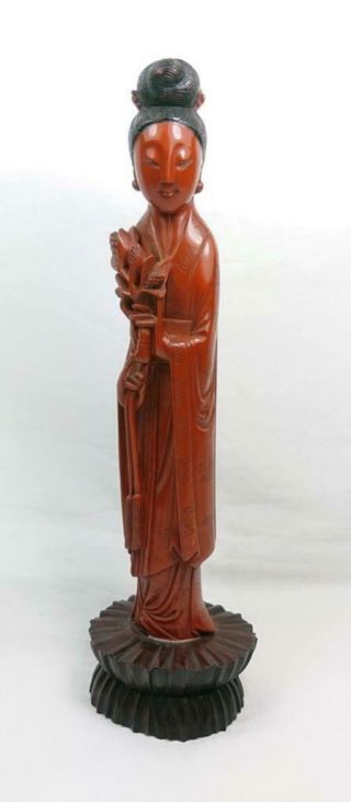 Antique / Vintage Carved Chinese Lacquer Figure Of Guanyin On Wooden Lotus Stand