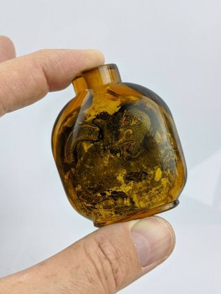 Chinese Antique Amber Peking Glass Inside Painted Dragon Snuff Bottle Qing