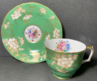 Crown Staffordshire Tea Cup & Saucer Green Floral Extensive Gold