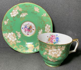 CROWN STAFFORDSHIRE Tea Cup & Saucer Green Floral Extensive Gold 2
