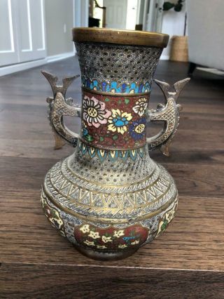 Japanese Antique Bronze Cloisonne Or Champleve Vase With Dragon Handles