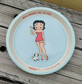 Vtg 1960s Rare Mexican 6 1/4 " Tin Tray Advertising Betty Boop Lulu Soda With Dog
