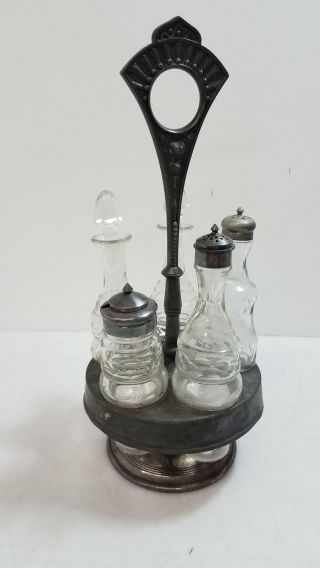 Antique Victorian Silverplate & Etched Glass Cruet Set