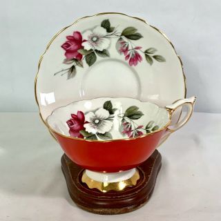 Royal Stafford Tea Cup & Saucer W Floral Design Red Persimmon
