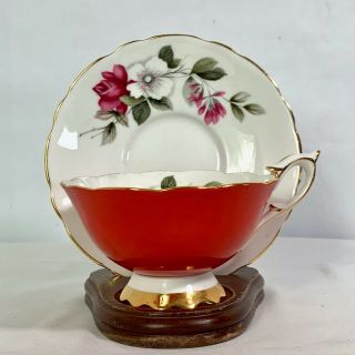 Royal Stafford Tea Cup & Saucer w Floral Design Red Persimmon 2