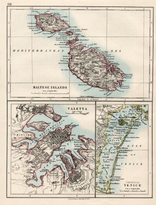 Antique Map Of Malta Valetta Venice Islands Johnston 1892