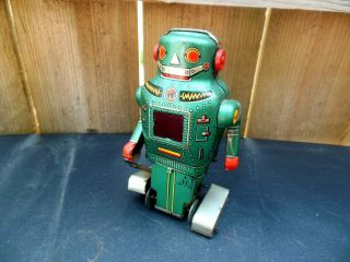 Vtg Rare Noguchi Japan Wind Up Mechanical Mighty Sparking Robot Tin Toy