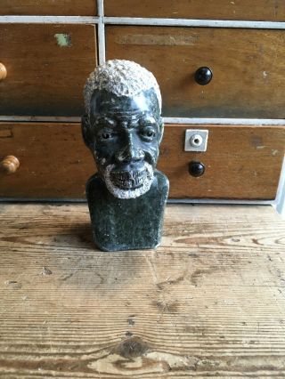 Antique Vintage African Hand Carved Stone Bust Of A Tribal Bearded Man