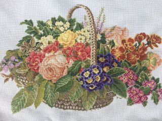Vintage Tapestry Embroidered Picture Hand Stitch Work Old Flowers Floral Basket
