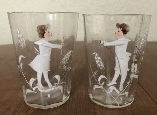 Antique 19th Century Hand Painted Enamel Man & Women Drinking Glass Mary Gregory