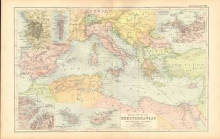 1893 Antique Map - Mediterranean And Adjacent Countries,  Cyprus,  Malta,  Valetta,