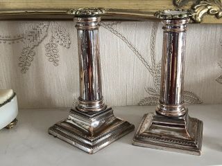 Rare Pair Antique Georgian Silver Sheffield Plate Brass Column Candlesticks