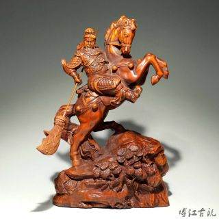 Collectable China Old Boxwood Hand - Carved Ride Horse Guan Gong Delicate Statue