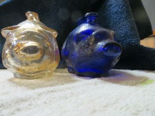 2 Vintage Glass Piggy Banks Marigold Gold Carnival Glass & Cobalt Blue Piggy