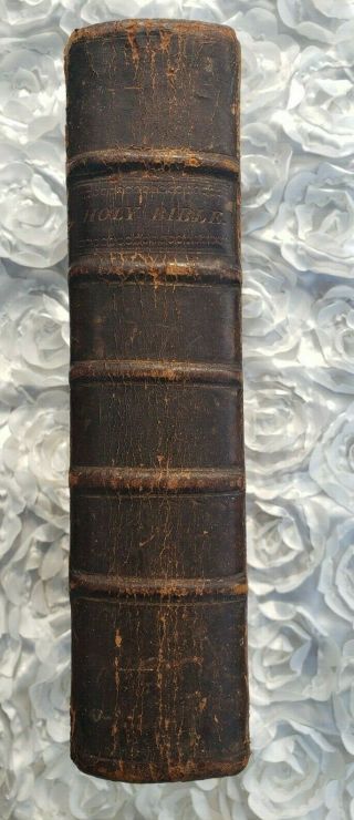 Rare Antique 1816 Leather Family " Shriner " Holy Bible & Old.  Mathew Carey Pa