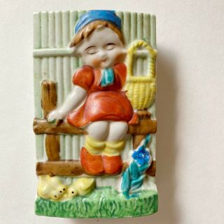 Sweet Antique Wall Vase - Little Girl With Chicks