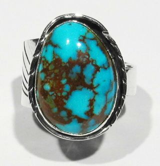 Big Signed Navajo 925 Silver Rare Natural Spiderweb Bisbee Turquoise Ring 7 - 10