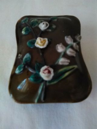 Older Antique Porcelain Majolica Pin Box Lily of the Valley Flowers 2