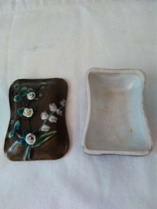 Older Antique Porcelain Majolica Pin Box Lily of the Valley Flowers 3