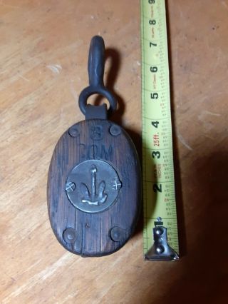 Antique Wood Block & Tackle Pulley Nautical Anchor Emblem / Mark With Hook