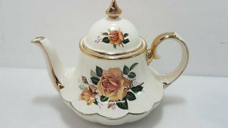 English Porcelain Teapot Gold W/ Rose Design 6.  5 "