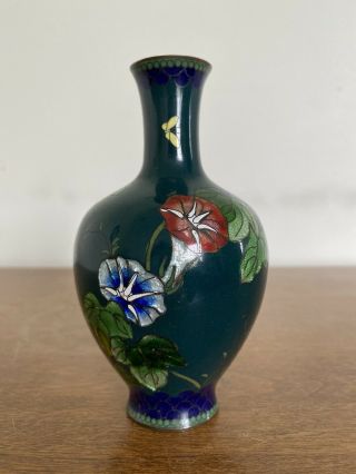 Antique Japanese Cloisonne Vase Deep Green With Floral Pattern 13 3/4 Cm
